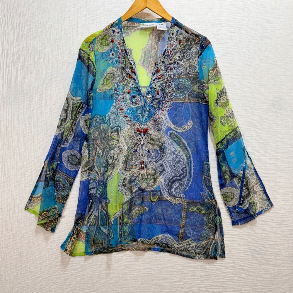 Bitter Apple Tunic‎ Top Womens S/M Blue Paisley Beaded Sheer Boho V-Neck